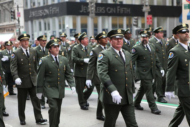Members of the Sanitation Department's "Emerald Society" march in the St. Patrick's Day parade in 2012.